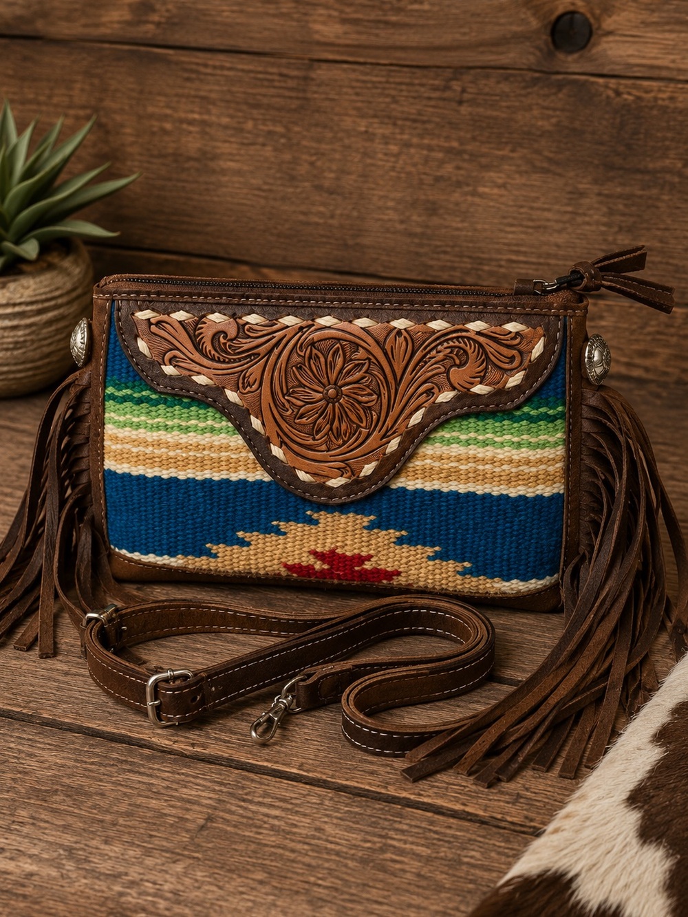 American Darling Tooled Leather Fringe Crossbody Saddle Blanket Bag NWT
